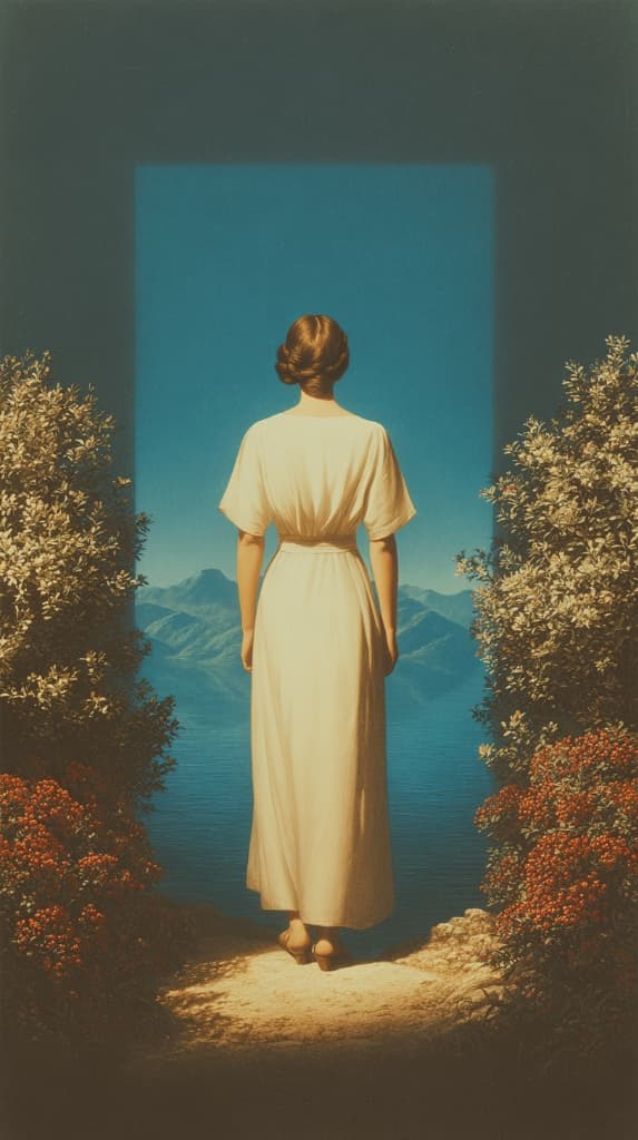 A woman in a white dress standing by a lake, looking at mountains through a window-like frame, surrounded by flowers.