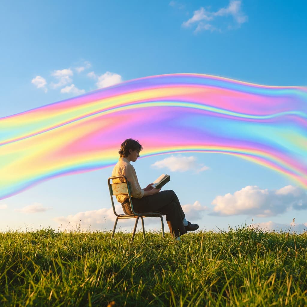 A person sitting on a chair in a grassy field reading a book, with flowing rainbow waves stretching across the sky.