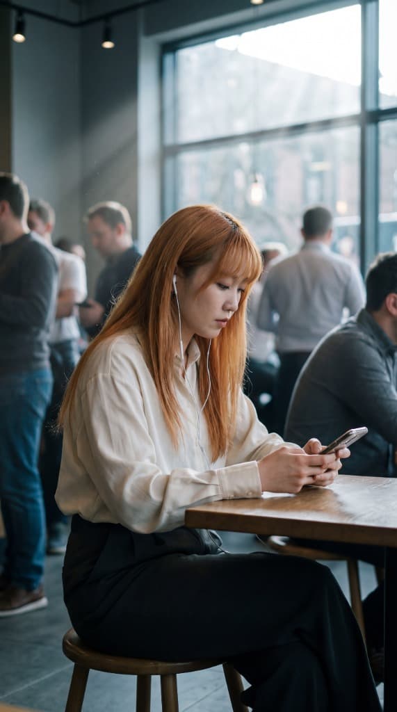 A woman with earbuds captures a fleeting thought on her phone in a busy cafe.