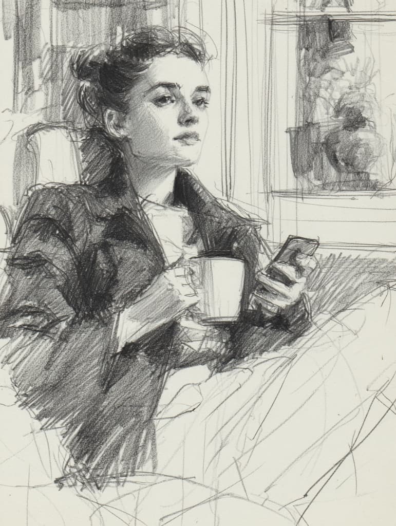 A graphite sketch of a woman holding a coffee cup and a smartphone, looking thoughtfully into the distance.