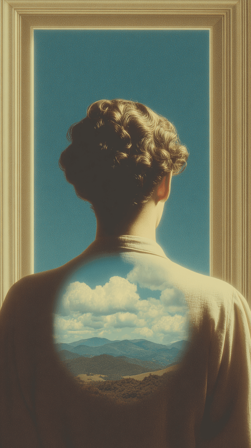 A person looking out a window with clouds and rolling hills reflected across their back.