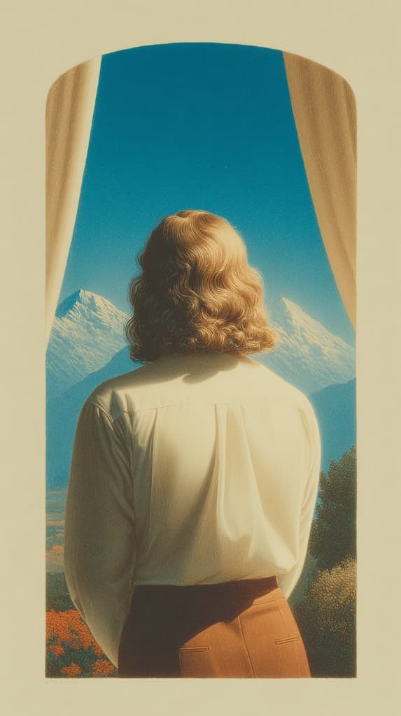 A person from behind looking through a window at snow-capped mountains, suggesting a quiet moment of reflection.