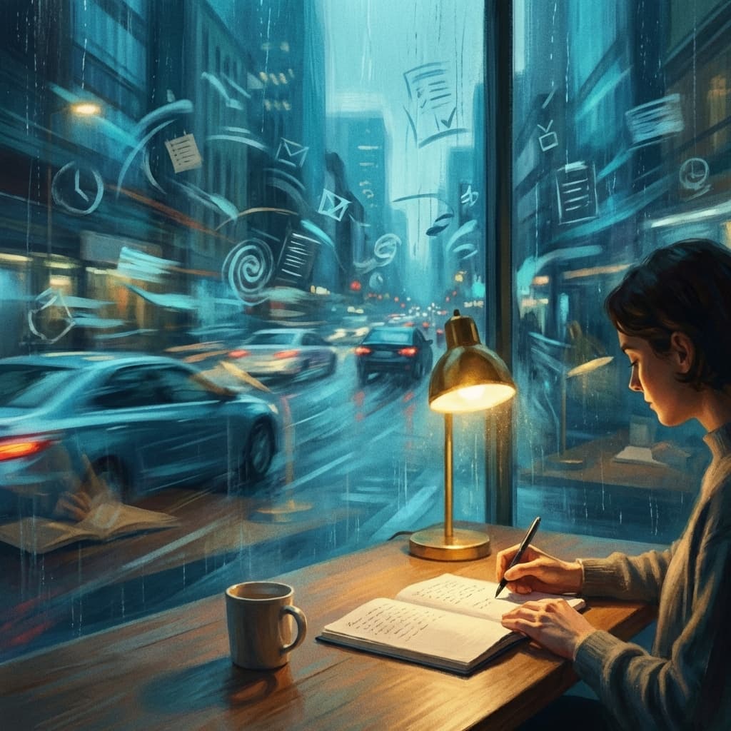 A quiet, warm sanctuary desk with a lamp, contrasting with a busy, cool-toned chaotic city street outside the window.