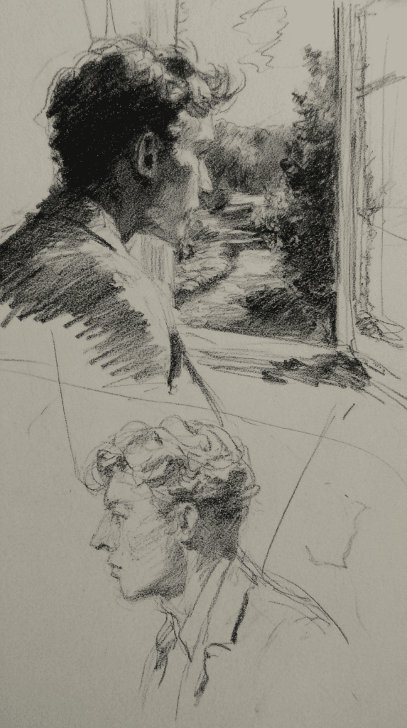 A pencil sketch of a person looking out a window, lost in thought.