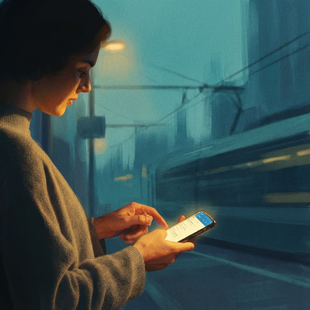 A person capturing a fleeting idea on their phone in a moody, transit-like setting.