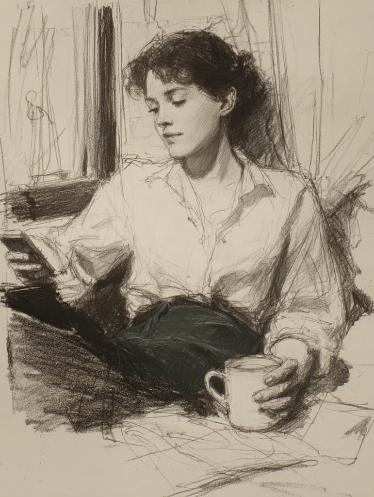 A charcoal sketch of a woman lost in thought while holding a coffee mug and her phone.