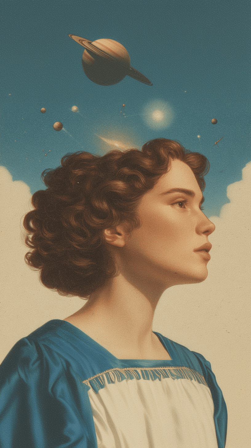 A dreamy portrait with a cosmic sky and floating planets above.