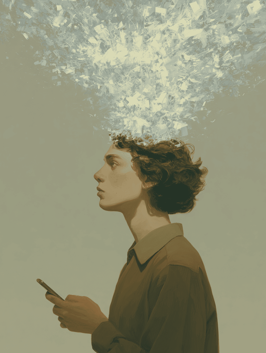 A person on their phone while their thoughts wander in a dreamy scene.