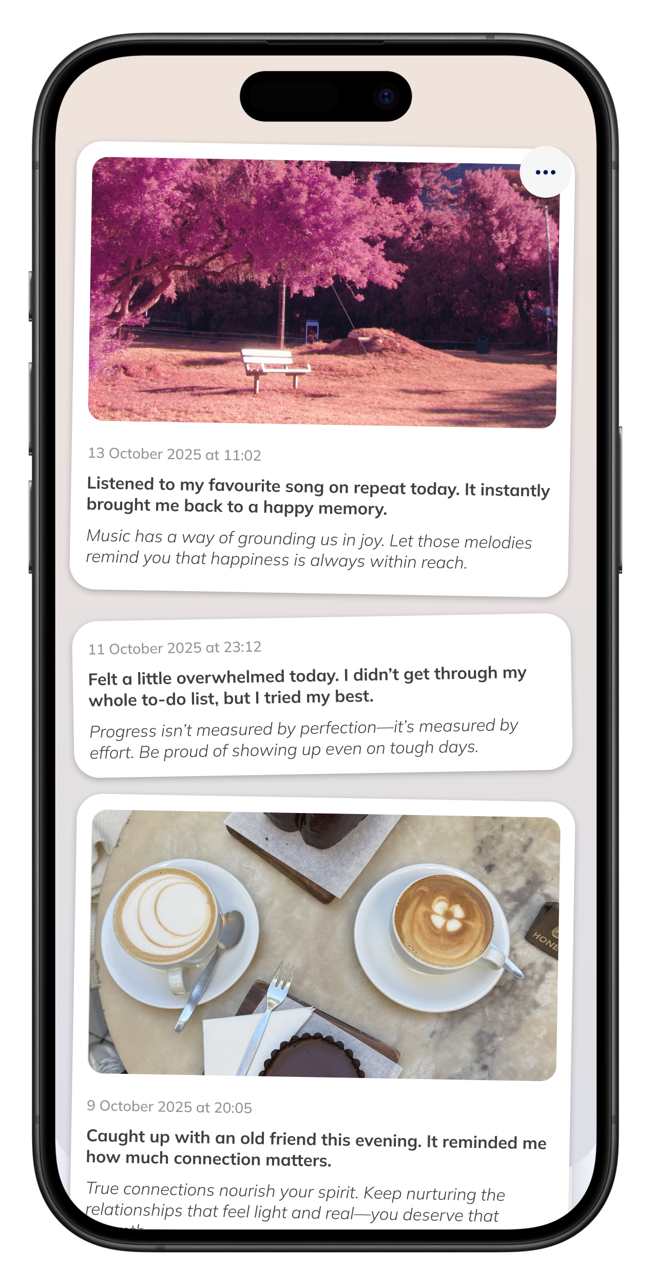 Printed photos and journal spread laid out on a table.